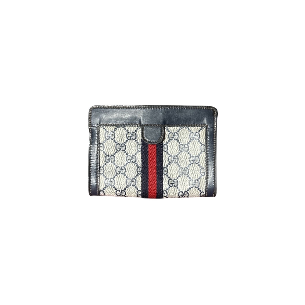 Auth. Vintage Navy & Beige GG Monogram Sherry Line Navy-Red Stripe Clutch Bag